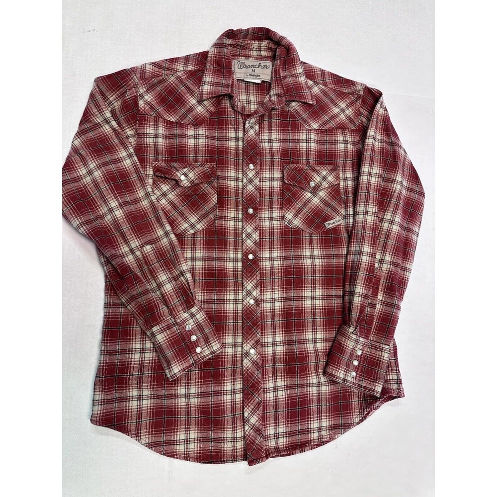 Wrangler Wrancher Mens Shirt Pearl Snap Long Sleeve Red Plaid Flannel Sz med